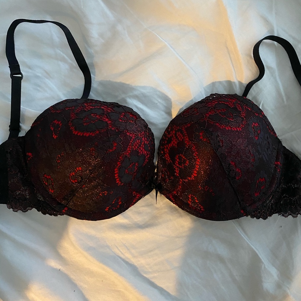 Red and black lace bra